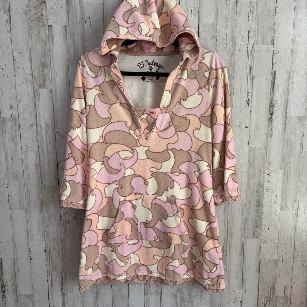 PJ Salvage Nightshirt Women M Pink 70s Retro Disco Terry Cloth Hooded Tunic Top